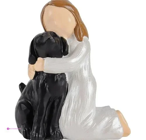 For Girl Hugging Black Dog Figurine