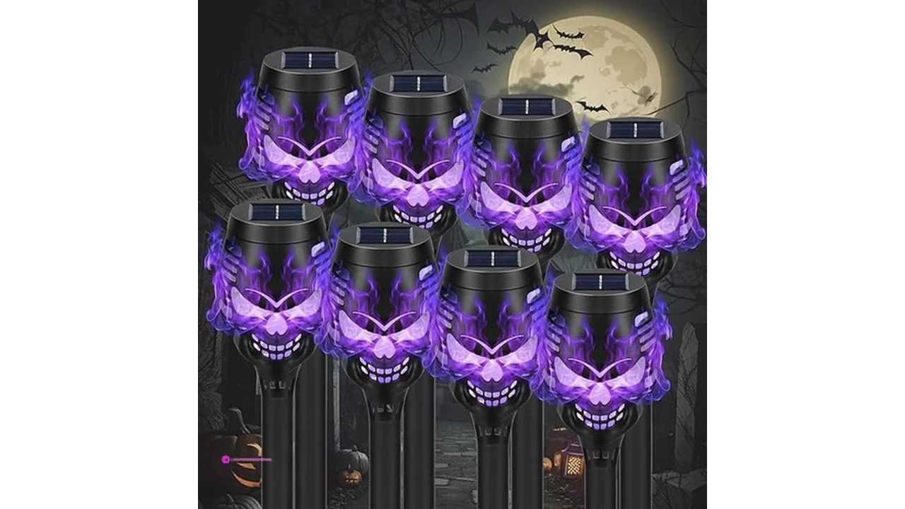 Solar Halloween Decorations Outdoor Pack Spooky Skulls Solar Torch Flame Ligh…
