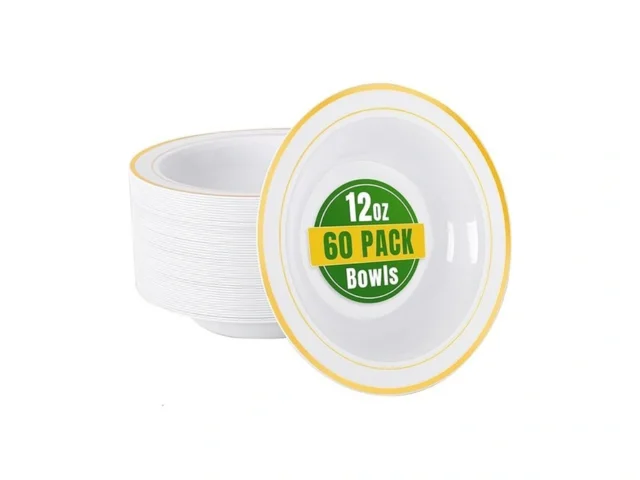 Bucla 60 Pack Plastic Bowls With Gold Rim – 12 Oz… Code