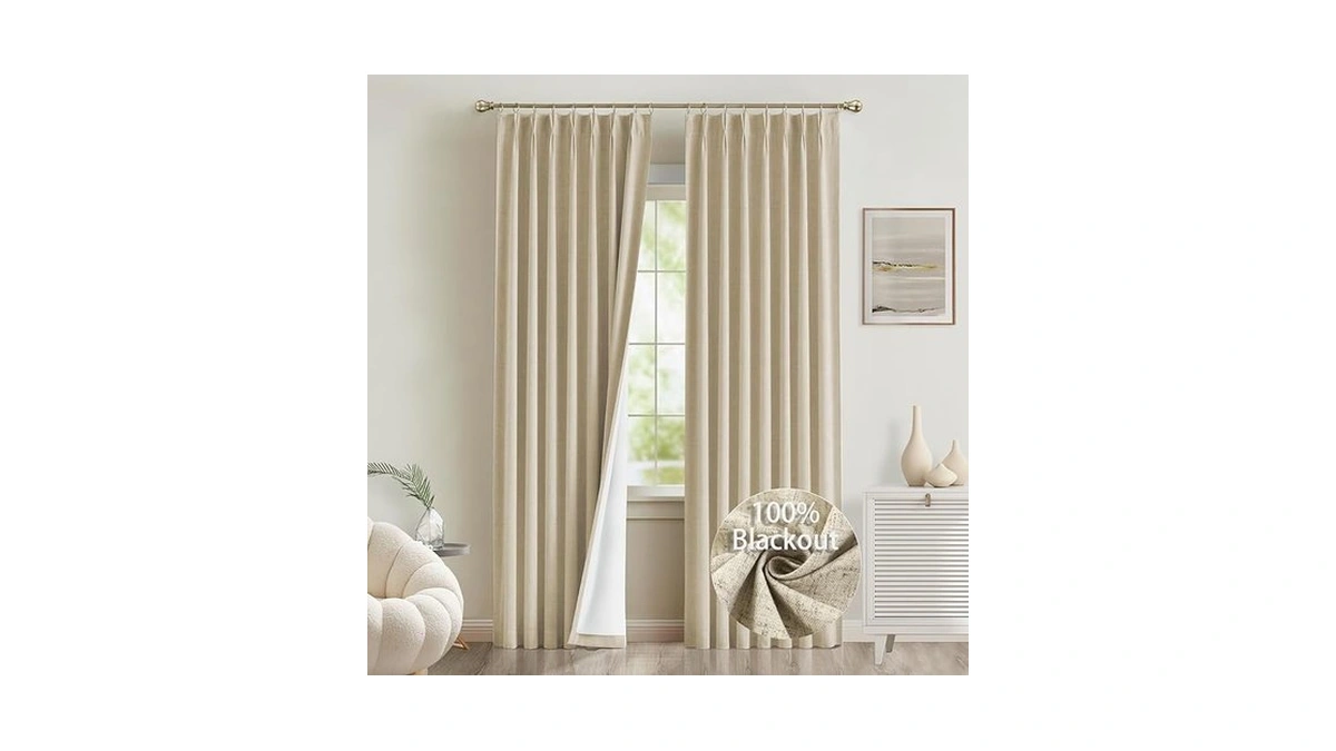 Amazon code: Tan Linen Pinch Pleated Curtains 108 Inc