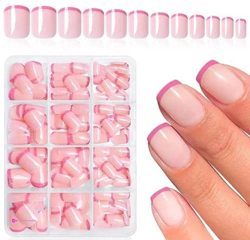 Bellelfin Hot Pink French Tip Press On Nails Short Square