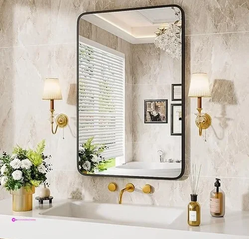 Black Metal Framed Bathroom Mirror For Wall 30×22 Inch Rounded
