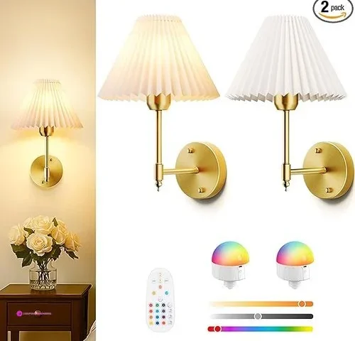 Wireless Wall Sconces Set Of 2 Pleated Shades Battery Operated