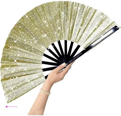Womwpmt 13inch Glitter Light Gold Large Folding Fan Hand Fan