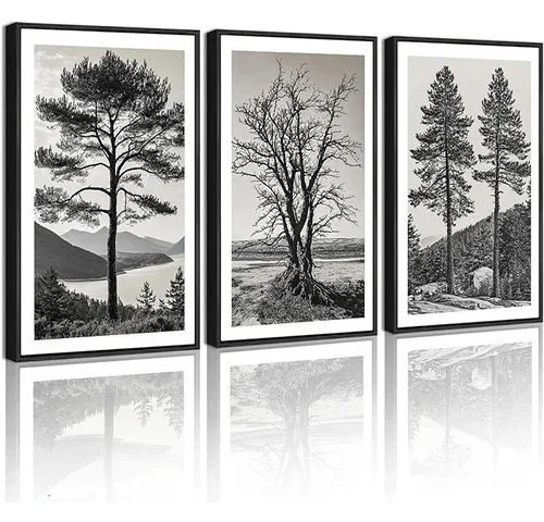 Kuvioke Vintage Tree Framed Wall Art Black And White Retro