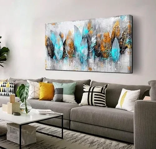 Laotoart Leaf Canvas Wall Art – Modern Blue And Gray