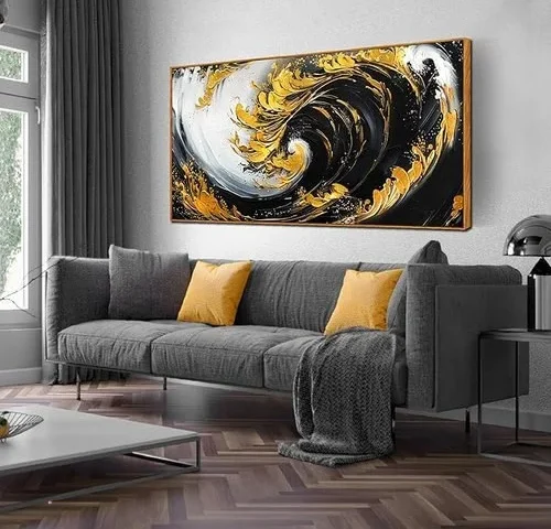 Abstract Canvas Art – Black And Gold Framed Wall Art