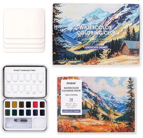Grabie Landscape-themed Watercolor Coloring Club Box Including 12 Landscape Type