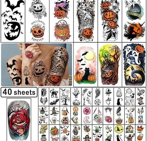 Yazhiji 40 Sheets Halloween Temporary Tattoos Pumpkin Witch Sugar Skull
