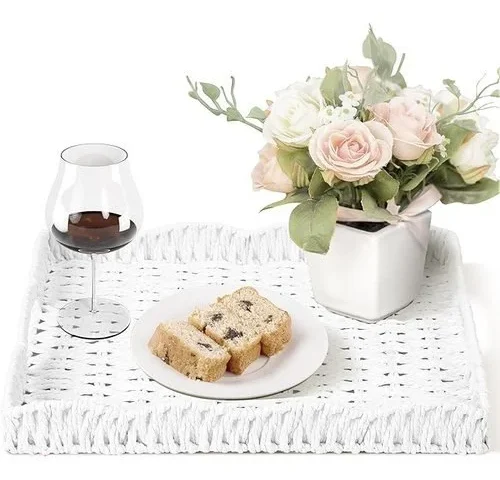 Scalloped Tray Rectangle With Handles Wicker Woven Serving Trays For