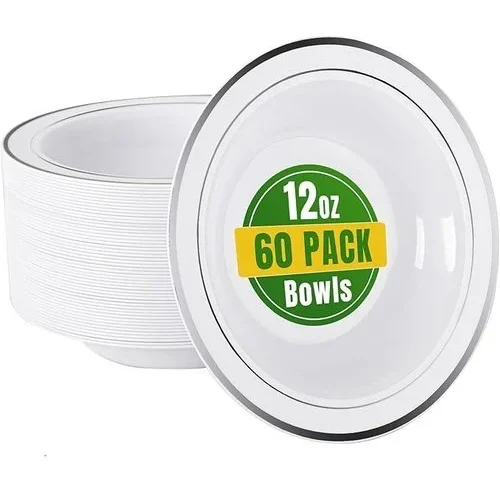 Bucla 60 Pack Plastic Bowls With Silver Rim – 12