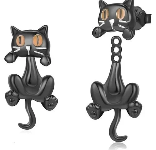 Tughra Cat Stud Earrings For Women 925 Sterling Silver Black