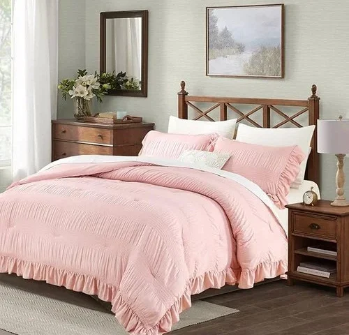 Aleissel Blush Pink Comforter Set King Seersucker Design With Ruffled