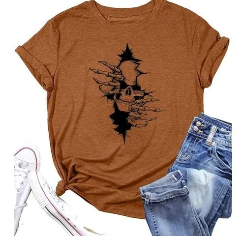 Spooky Shirts For Women Retro Skull Shirt Funny Skeleton Halloween