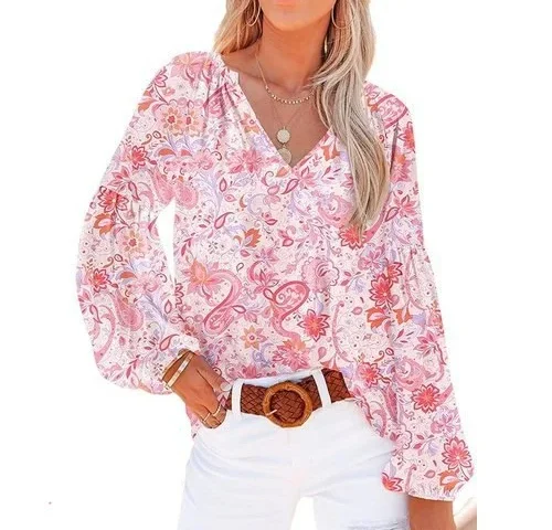 Dokotoo Ladies Summer Floral Printed Shirt For Women V Neck