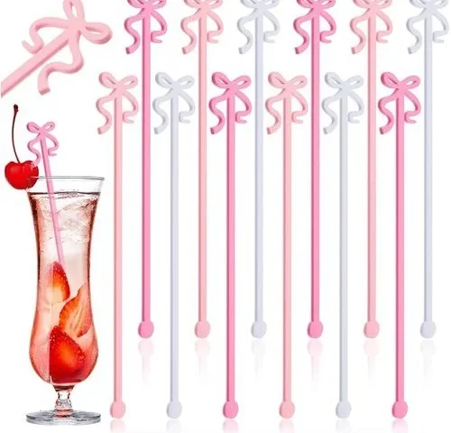 Reallnaive 12 Pcs Coquette Bow Drink Stirrers Acrylic White Pink