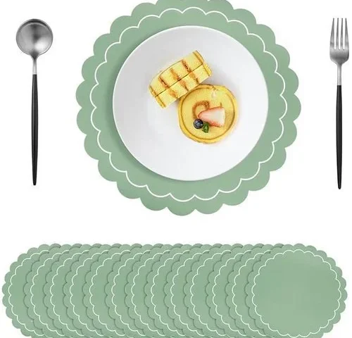 50pcs Sage Green Disposable Paper Placemats Scalloped Round Table Place