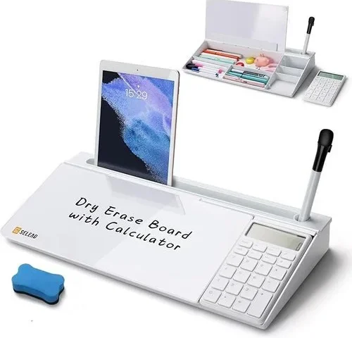 Selead Desktop Glass Whiteboard With Calculator Organizer Markers Eraser Holder
