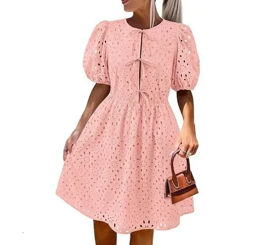 Kirundo Eyelet Summer Dresses For Women 2025 Short Sleeve Tie