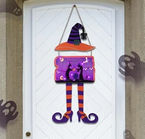 Nowsto Multicolor Wooden Hocus Pocus Halloween Decoration Lighted Broom Parking