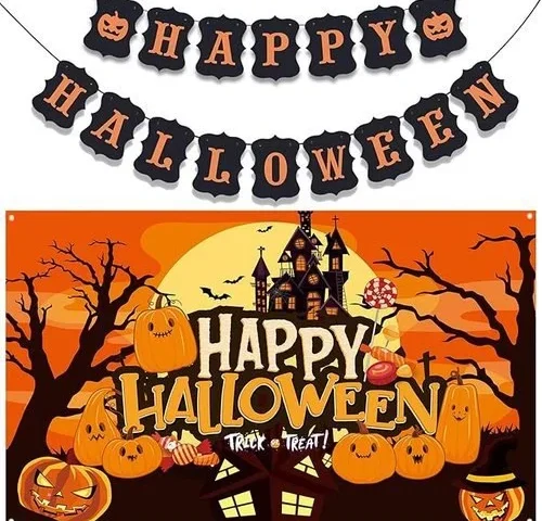 Outdoor Happy Halloween Hanging Banner Bunting Flags – Background Backdrop