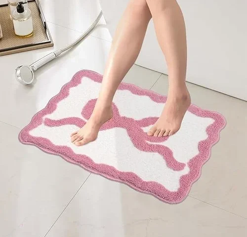 Daliuse Pink Bow Bathroom Rugs Preppy Scalloped Rug Cute Bath