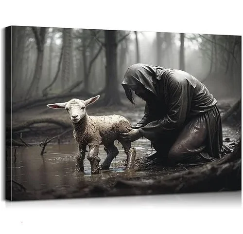 Mistyefly Jesus And Lamb Canvas Poster Christian Wall Art –