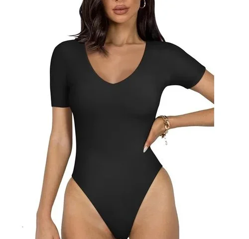 Reoria 2025 New Short Sleeve Women S Bodysuits V Neck