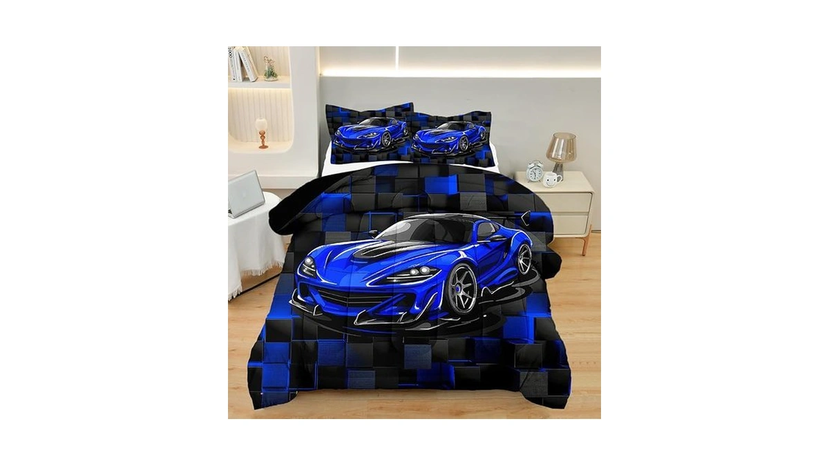 Amazon coupon: Askotu Race Car Full Boy Bedding Set Blu