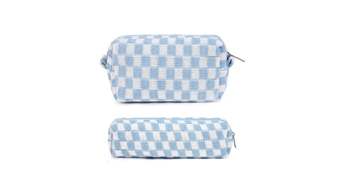 Amazon coupon: Makeup Bag Checkered Cosmetic Bag Blue M