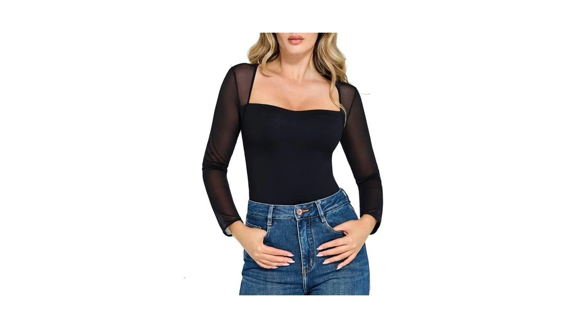Amazon coupon: Popilush Black Mesh Long Sleeve Tops For