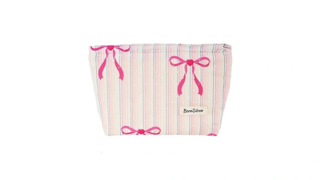 Amazon code: Bornsiiren Stripe Makeup Bag Pink Bow Co