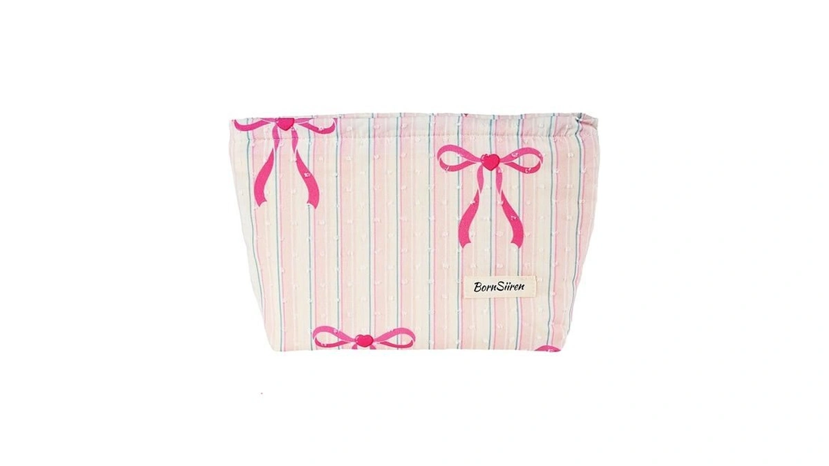 Amazon code: Bornsiiren Stripe Makeup Bag Pink Bow Co