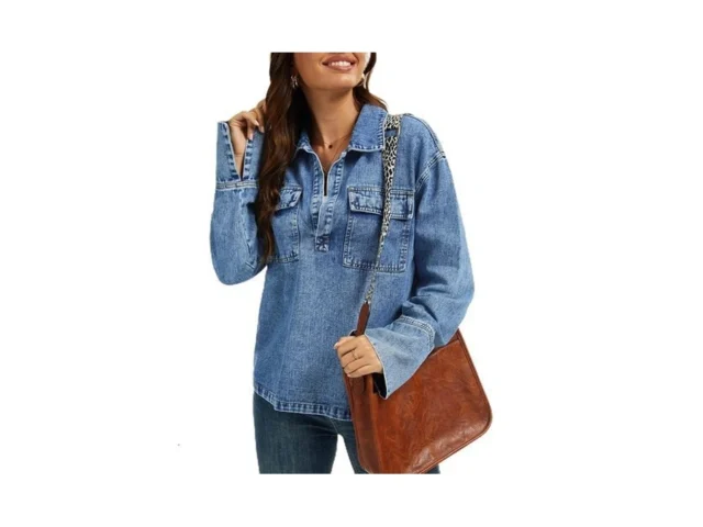 Womens Denim Top Pullover Long Sleeve V Neck Jean… Code