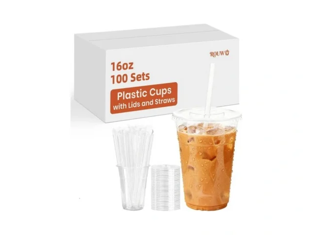 Rouwu 100 Pack – 16 Oz Clear Plastic Cups With Lids… Code