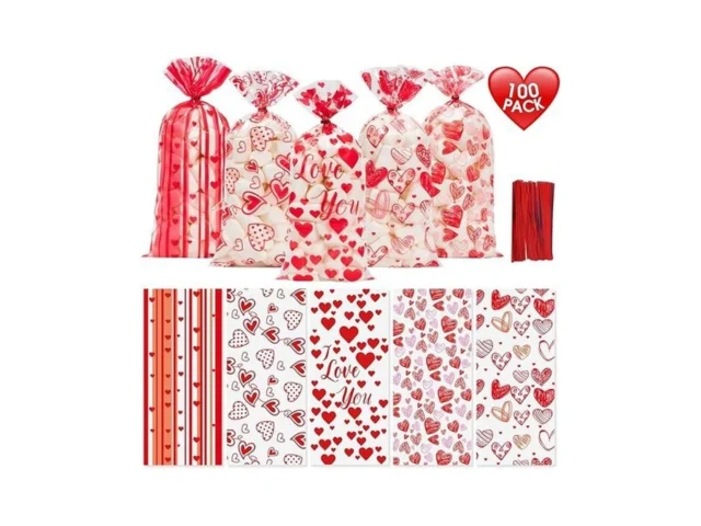 100 Pcs Valentine Treat Bags – Red Heart Cellophane… Code
