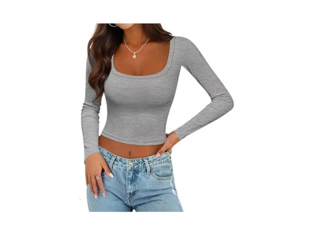 Ekouaer Womens Long Sleeve Square Neck Crop Top… Code