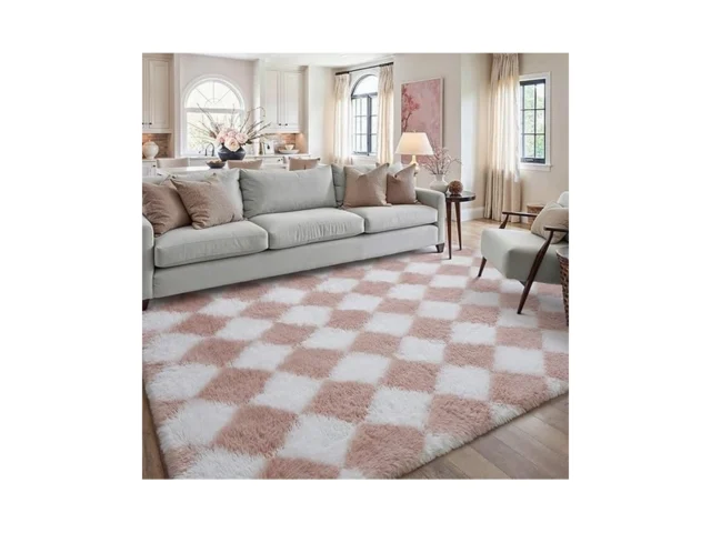 Hugear Checkered Rug 5×7 Living Room Pink And White… Code