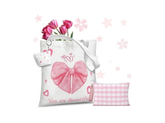 Coquette Pink Bow Canvas Tote Bag – 3 Pcs Pink Bow… Code