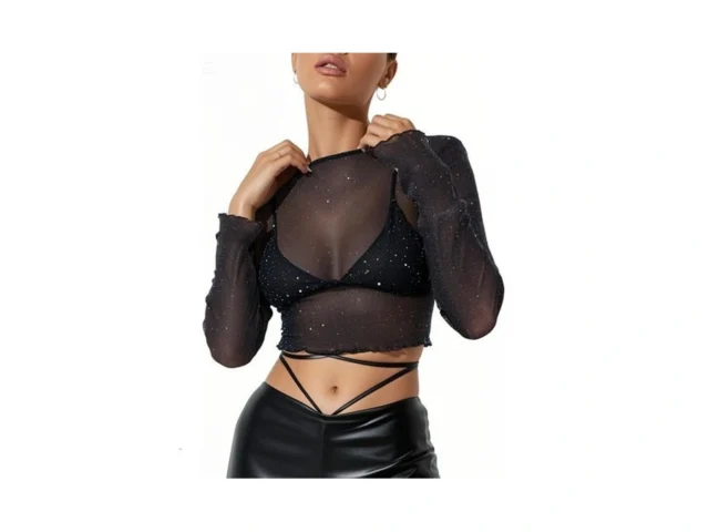 Remidoo Women S Glitter Sheer Mesh Tops Long Sleeve… Code