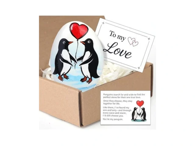 Penguin Love Stone Gift Hand Painted Natural Pebble… Code