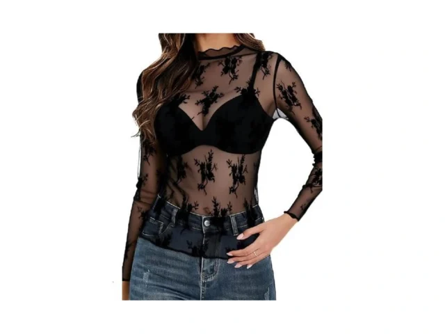 Materasu Women S Long Sleeve Mesh Top Mock Neck… Code