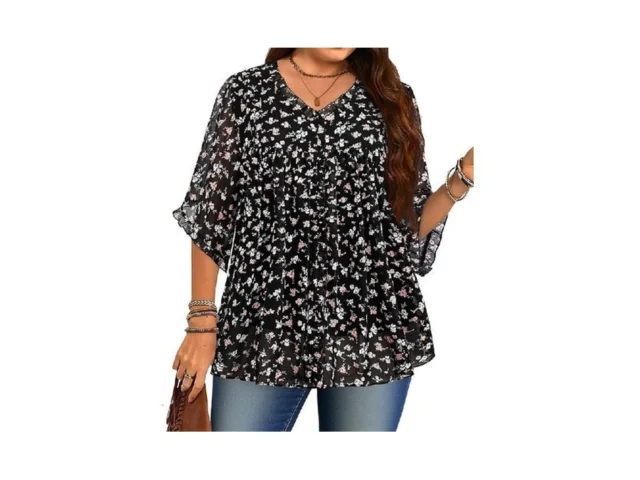 Siddhe Womens Plus Size Tops V Neck Ruffle 3 4… Code