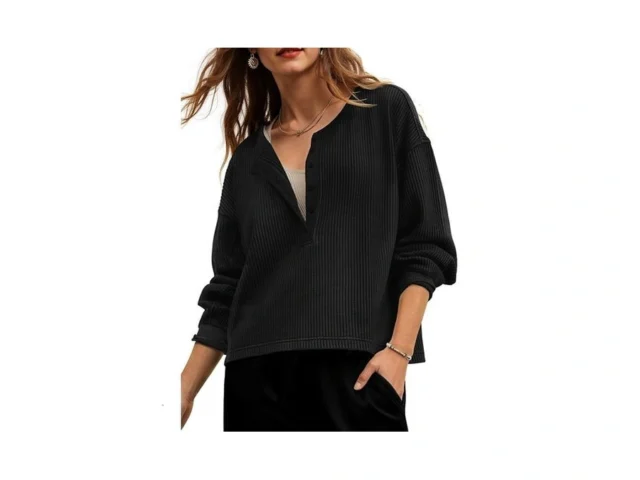 Fisoew Womens Cropped Sweatshirt Casual Waffle Knit… Code