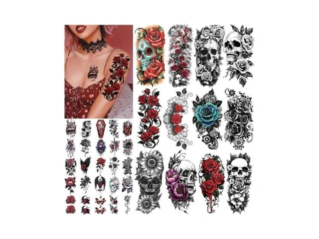 77 Sheets Skull Rose Temporary Tattoos Lotus Flower… Code