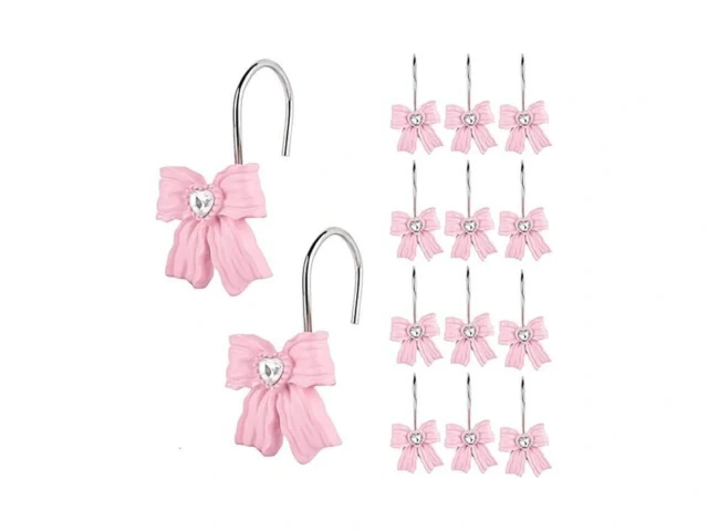 12pcs Shower Curtain Hooks Rings Pink Bow Resin… Code