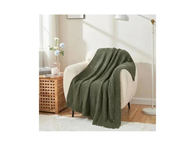 Ovelindra Checkered Knit Throw Blanket Olive Green… Code