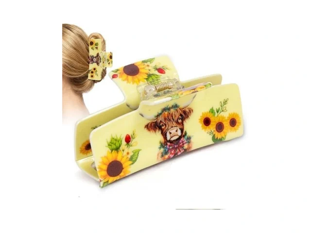Medium Hair Claw Clips With Cow Sunflower Design… Code