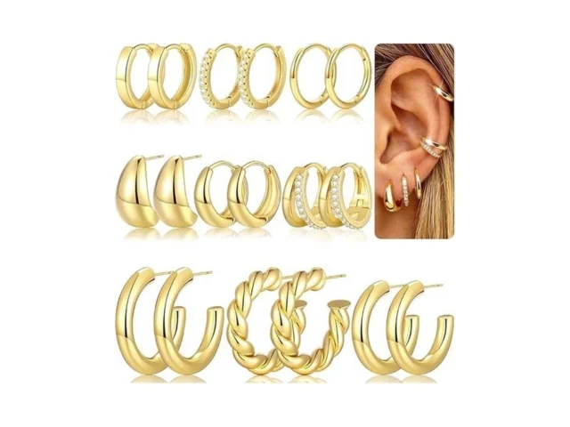 Faxhion 9 Pairs Gold Hoop Earrings For Women 14k… Code
