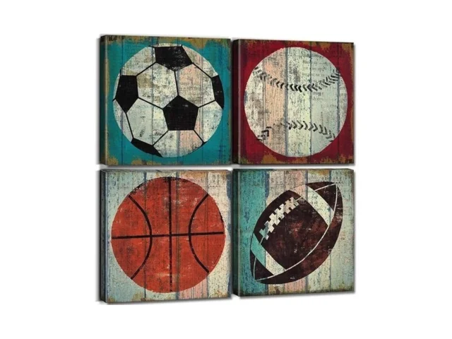 Vintage Sports Wall Art Rustic Baseball Basketball… Coupon